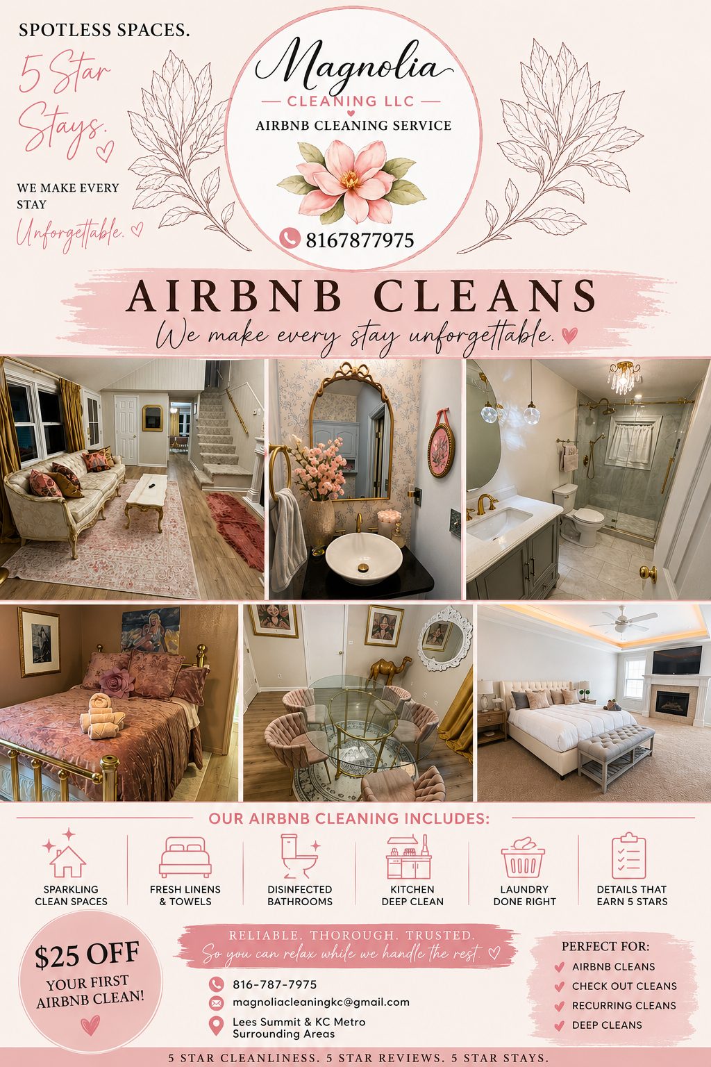 Magnolia Cleaning LLC Airbnb cleaning flyer — Spotless Spaces. 5 Star Stays.